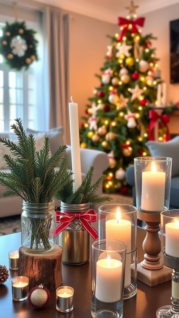A cozy Christmas living room with candle holders made of mason jars, glass, and wood, creating a warm festive ambiance.